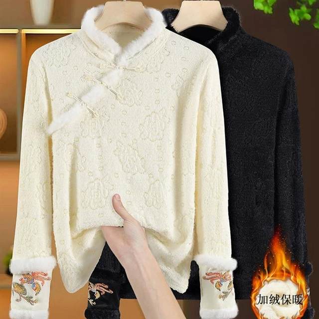 Chinese style base shirt for women with retro slanted placket embroidery light Chinese style shirt for autumn and winter plus velvet thickened warm top
