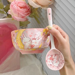 Garden Rabbit Cute Rice Bowl, Especially Beautiful Bowl for Home Use, Personal Use, High-Value Ceramic Tableware, Dessert Bowl and Spoon