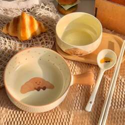 Fruit Croissant Ceramic Handle Bowl, Cute Household Rice Bowl, Oven-Safe Baking Bowl, Student Dormitory Tableware, Instant Noodle Bowl