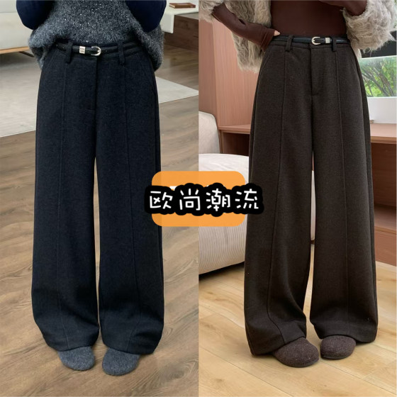 潮流坊韩系咖色慵懒羊绒阔腿裤2025秋冬新款显瘦显高百搭长裤