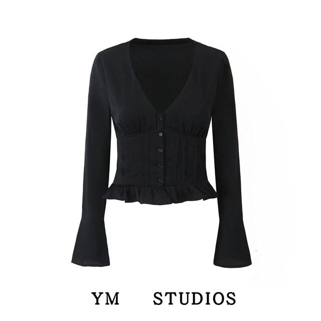 Ins blogger style black waisted flared sleeves V-neck shirt short French hot girl niche base shirt