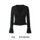 Ins blogger style black waisted flared sleeves V-neck shirt short French hot girl niche base shirt