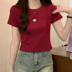 Short Tops for Women 2025 Summer New Style Burgundy Round Neck Regular Shoulder Cotton Short-Sleeve T-Shirt Versatile Round Neck Print