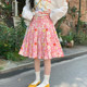 American retro pink floral skirt for women 2025 summer new high-waisted A-line skirt slim pleated skirt mid-skirt
