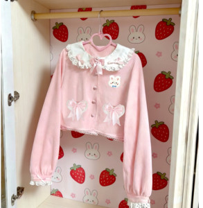 
RichGirl Pink Cake Bow Cardigan Japanese Sweet Soft Girl Cute Doll Collar Lace Shirt Short Jacket