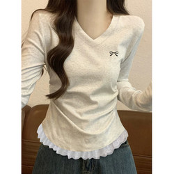 Korean-Style Beautiful V-Neck Waist-Cinching Top for Women, Early Autumn 2025 New Popular Style, Unique and Stunning Slim-Fit Long-Sleeve T-Shirt