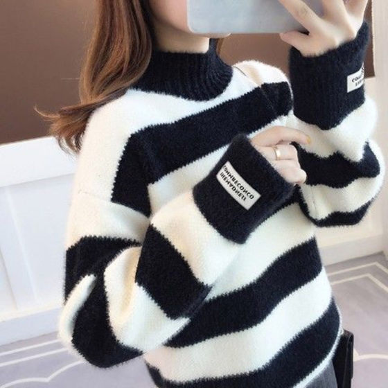 Imitation mink vest half turtleneck plus velvet thickened autumn and winter new sweater for women's warm striped loose pullover base knitted sweater
