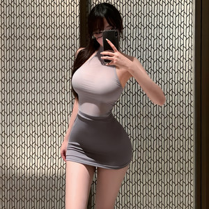 
Sexy pure desire lace-up backless gray tight OL secretary hip skirt Royal sister couple dating uniform Qingquqny