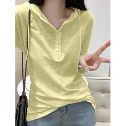 Pure Cotton Thin Hooded Sweatshirt for Women, New Spring and Autumn Style, Plus Size, Slimming, Versatile, Fashionable, Age-Reducing Long-Sleeve T-Shirt Top