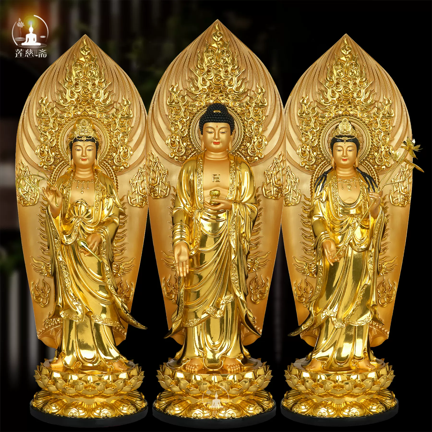 西方三聖 阿弥陀仏像 観世音菩薩 大勢至菩薩 立像 置物 38b2054102833540fa879e441ddb73