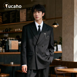 Woodpecker Autumn Men's Double-Breasted Suit Set with Brooch Design Business Gentleman Formal Wear Groom Wedding Suit