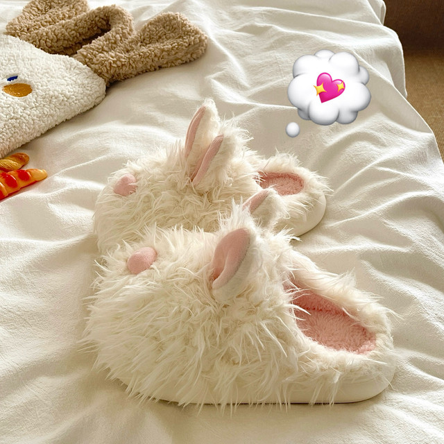 Scrawled Milk Rabbit~! Sweet and cute ins Baotou plus velvet cotton slippers for women indoor home warm thick-soled cotton slippers