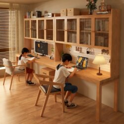 All Solid Wood Double Desk and Bookcase Integrated Home Wall-Mounted Computer Desk Children's Bedroom Study Desk Office Workbench