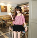Sweet plaid short-sleeved shirt for female students loose large size one-length off-shoulder suspender top Korean style slim shirt