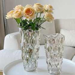Vase Decoration for Living Room, Flower Arrangement, Glass Crystal, High-End Feel, Transparent, Water-Cultivated Lilies, Roses, Fresh Flowers, Trendy Dining Table Large