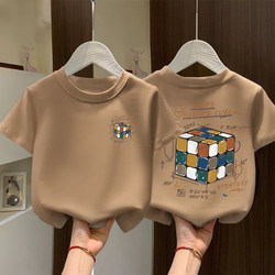 Children's Cube Letter Print Pure Cotton Short-Sleeve T-Shirt for Boys and Girls, Korean Style, Cool and Loose, Casual and Versatile Top