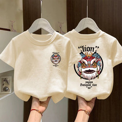 Children's Clothing Lion Dance Letter Print Pure Cotton Short-Sleeve T-Shirt for Boys and Girls, Fashionable Chinese Style, Handsome and Versatile Casual Top