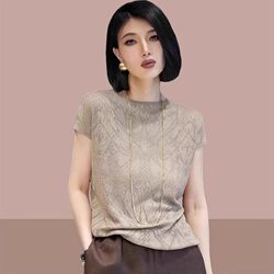 2026 Summer New Amashigodie Official Website Purchasing Agent Versatile Hollow Jacquard Thin Short-Sleeve T-Shirt