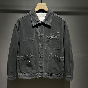 
2024 Spring and Autumn New Men's Workwear Pocket Loose Casual Denim Jacket American Fashion Brand Gray Retro Jacket