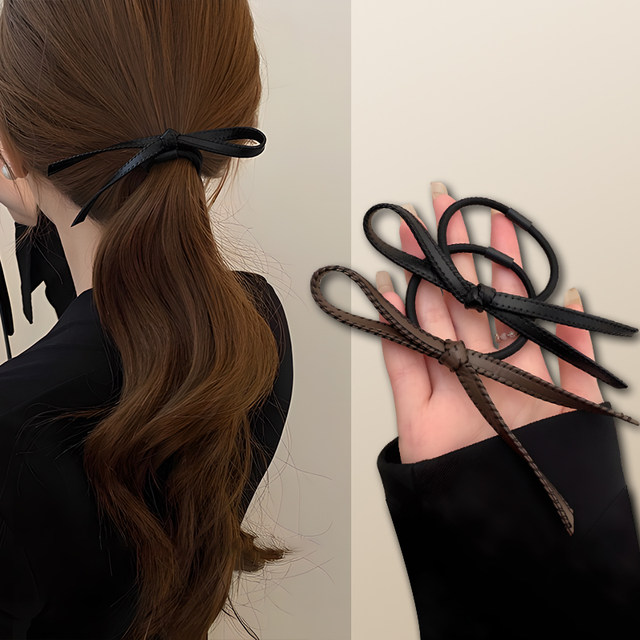 French Maillard retro pu bow hair rope 2024 new style simple niche high-end hair rope with versatile temperament