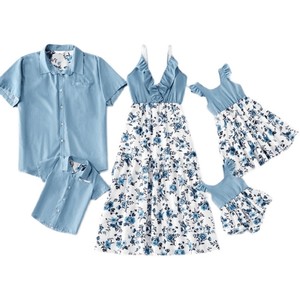 
European and American pure cotton parent-child summer clothing short-sleeved father-son denim shirt mother-daughter dress mother-child baby dress