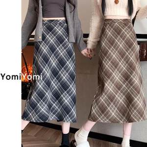 American retro high-waisted plaid woolen skirt for women in spring and autumn plus size fat mm Korean style slimming A-line skirt