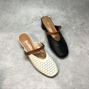 
Foreign trade cabinet clearance processing for women's cowhide women's slippers for summer bag-toe flat heel hollow breathable large-size women's semi-slippers