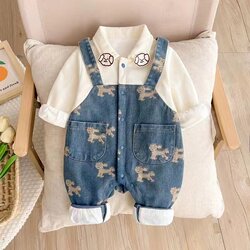 Baby One-Piece Clothing for Going Out, Spring and Autumn Style, Newborn Denim Clothing for Boys, One-Year-Old Crawling Suit, Hundred-Day Romper, Long-Sleeved