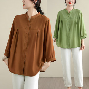 
Summer and autumn new large size women's loose cardigan shirt for middle-aged and elderly mothers, three-quarter sleeve top, belly-covering sunscreen shirt for women