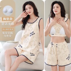 Women's Padded Vest, New Style Sleeveless Shorts, Pajamas, Cartoon Cute 100% Summer Casual Home Wear Set