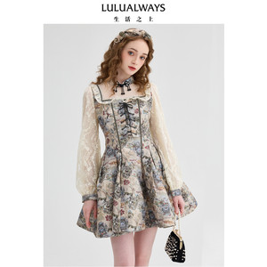 
lulualways [same style in the mall] new autumn retro princess style high-waisted slim print dress