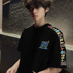 American High Street Letter and Floral Embroidered Short-Sleeve T-Shirt for Men, New Summer Style, National Trendy Brand, Loose Fit, Pure Cotton Couple's Top