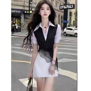 
Light and intellectual style black and white shirt collar slim short-sleeved waist dress niche high-end fashion temperament women's clothing