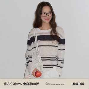 
omont egg tart linen blended round neck striped knitted blouse 2026 autumn loose lazy style casual sweater