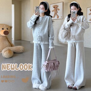 
Maternity suit, early autumn fashionable lace splicing, lace-up design, knitted top, no support, wide-leg pants, two-piece set
