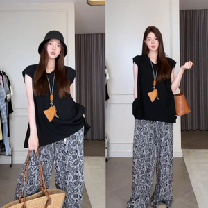 
Korean style maternity summer new suit 2025 versatile loose outer wear sleeveless top floral wide leg pants two-piece set