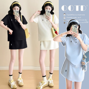 2025 Summer Fashion New Maternity Suit Short Sleeve Embroidered Loose Top Skirts Design Sensational Two-piece Set for Women