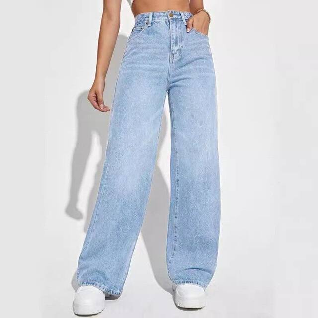 The new Amazon Speed ​​on Cross -border European and American ladies denim jeans women's high -waisted straight tube denim trousers explosion
