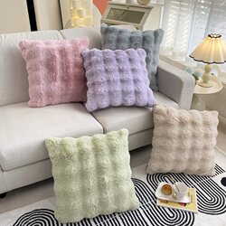 Rabbit Fur Plush Pillow, Square Sofa Cushion for Living Room, Light Luxury High-End Long Plush Pillow Cover, Sofa Cream Backrest