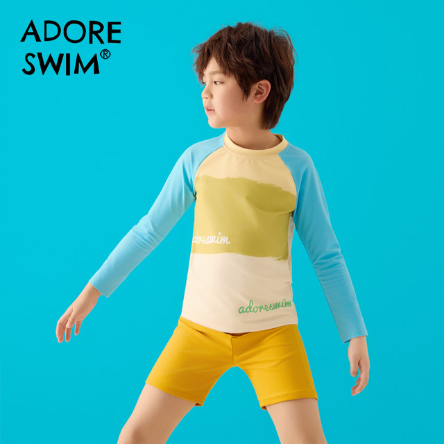 Boys swimsuit suits for long-sleeved children's split swimming trunks contrasting color flat angle sun protection children professional training swimsuit