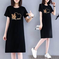 2025 Black Short-Sleeved Mid-Length Dress, Loose and Slimming, Casual Over-The-Knee T-Shirt Dress, Simple Dress for Women, Slimming for Summer