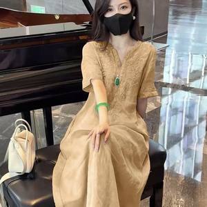 New Chinese style national style embroidered ramie dress for women 2025 summer new style loose casual linen long skirt
