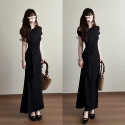 2026 New Summer Off-Shoulder Black Dress for Women, High-End, Very Pretty, Waist-Cinching, Slimming Long Dress