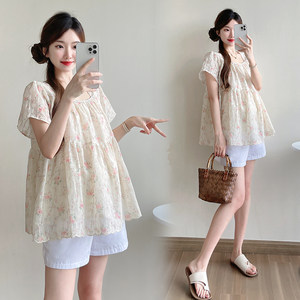 
Maternity wear summer new style fresh and sweet square collar embroidered floral loose babydoll shirt trendy short-sleeved top during pregnancy
