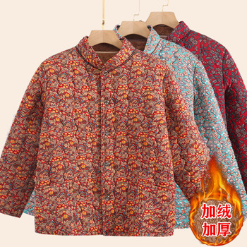 Middle-aged and elderly women's winter floral cotton-padded jacket with fleece