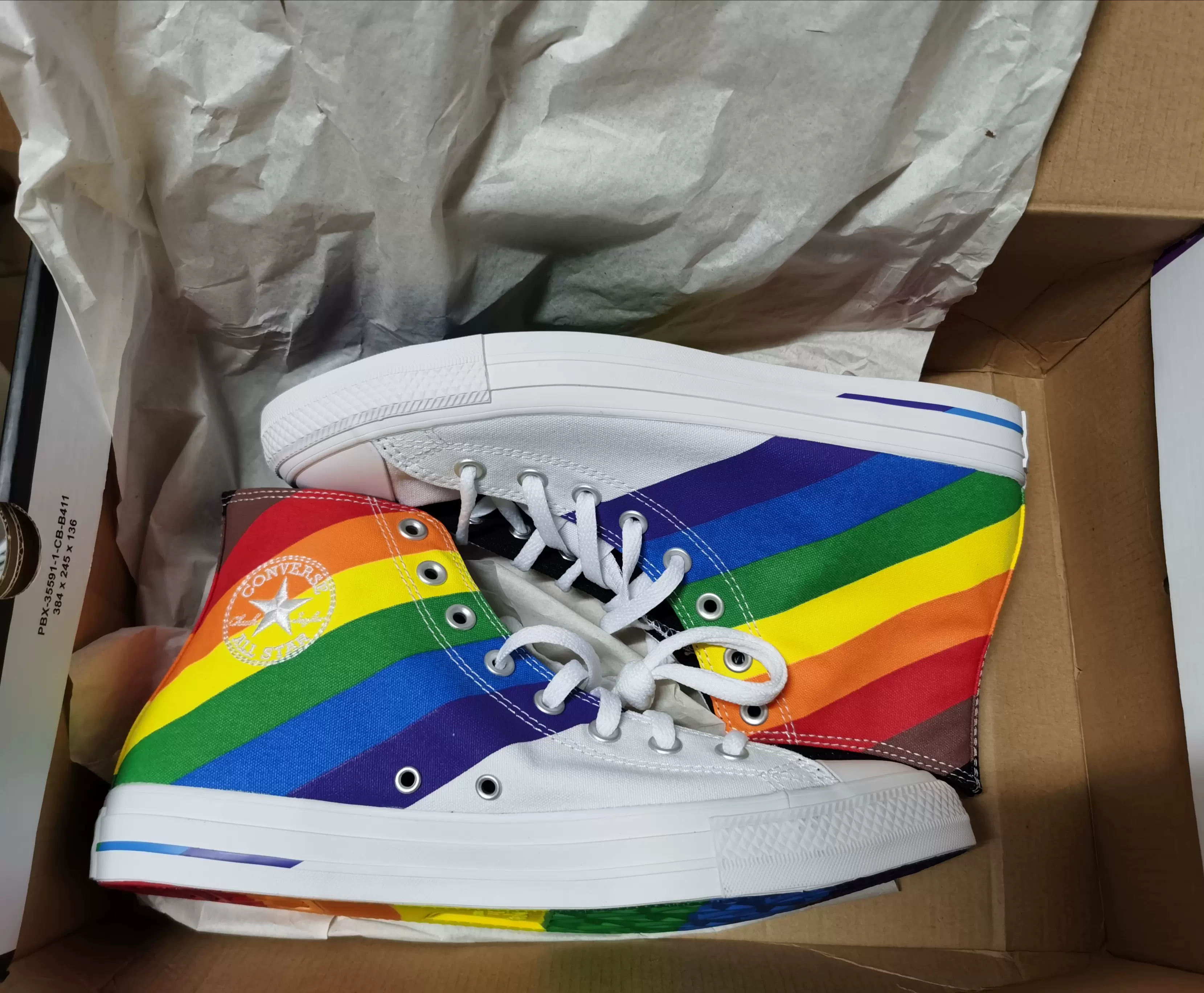 清仓现货CONVERSE彩虹纹高帮拼色匡威男女时尚休闲帆布鞋167758C