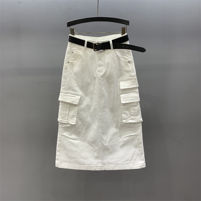 White work pocket denim skirt for women 2025 spring new high-waist loose slim A-line hip-pack long skirt