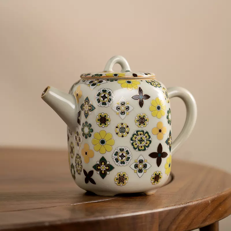 汝窑十字花纹茶壶泡茶家用陶瓷小茶壶功夫茶具中式茶水分离沏茶壶 