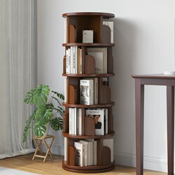 Solid Wood Rotating Bookshelf 360-Degree Bookcase Trendy Storage Home Living Room Movable Children's Floor-Standing Storage Rack