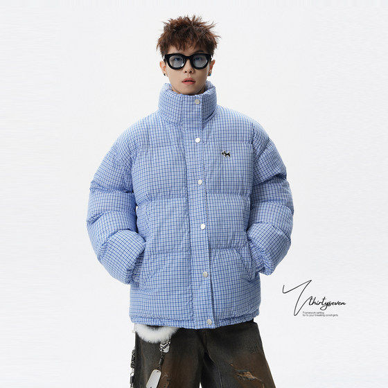 
V37 American plaid style stand collar bread cotton coat for men in winter design thickened warm casual couple cotton coat